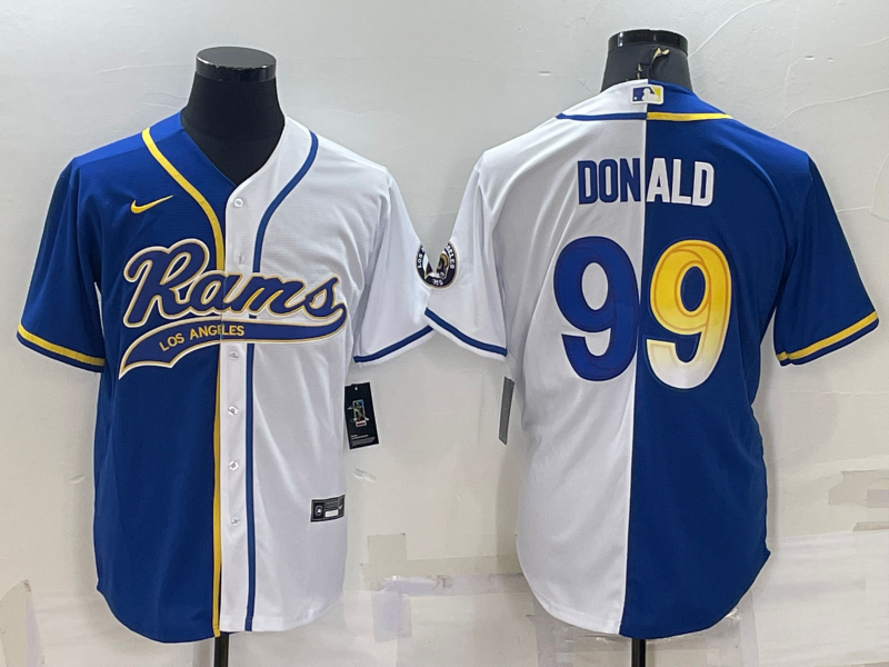 Men's Los Angeles Rams #99 Aaron Donald Royal/White Split With Patch Cool Base Stitched Baseball Jersey Men's Los Angeles Rams #99 Aaron Donald Royal/White Split With Patch Cool Base Stitched Baseball Jersey